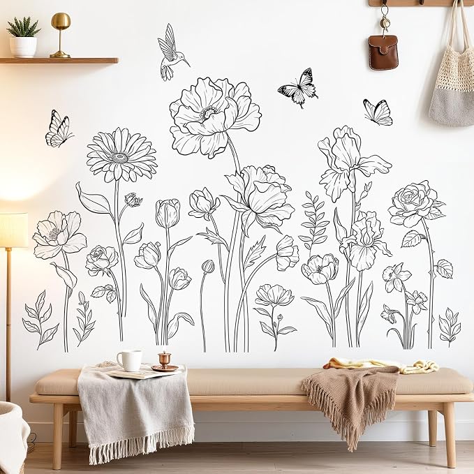 decalmile Black Boho Flower Simple Sketch Floral Wall Decals Stickers - Image 3