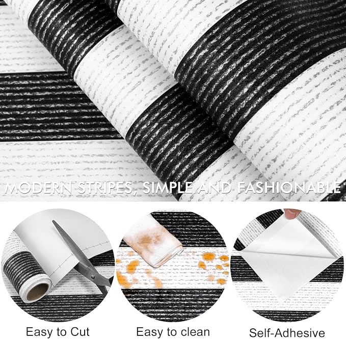 Black Stripe Peel and Stick Wallpaper 15.7" x 118" Black and White Self-Adhesive Wallpaper Removable Waterproof Contact Paper for Cabinets,Bedroom,Nursery,Accent Wall - Image 5