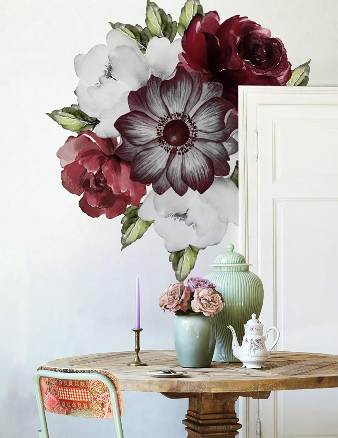 Floral Wall Decal Watercolor Bouqet Wall Sticker Red Rose Peel n Stick Anemone Florals Decals for Livingroom Bedroom - Image 2