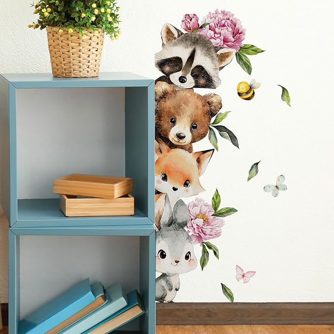Woodland Animal Peeking Wall Decals, Removable Nursery Jungle Animals Butterflies, Flowers Wall Stickers for Kids, Boys and Girls Room, Bedroom & Toddler Room Door Decor (Animal Door Decals 61) - Image 4