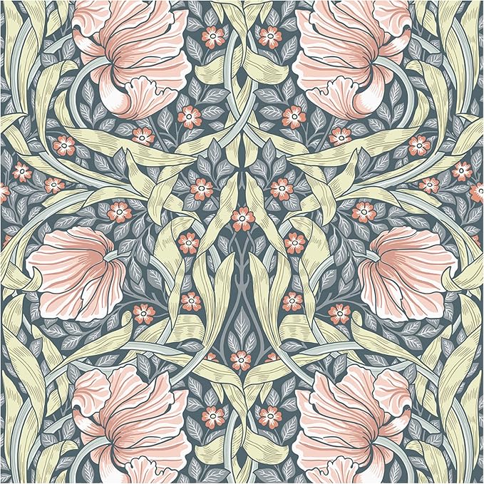 HAOKHOME William Morris Wallpaper Peel and Stick Vintage 17.3in x 32.8ft | Extra Long Peel and Stick Textured Wall Paper Renter Friendly Removable Grey Terracotta Yellow Floral Bathroom Bedroom Mural by HAOKHOME