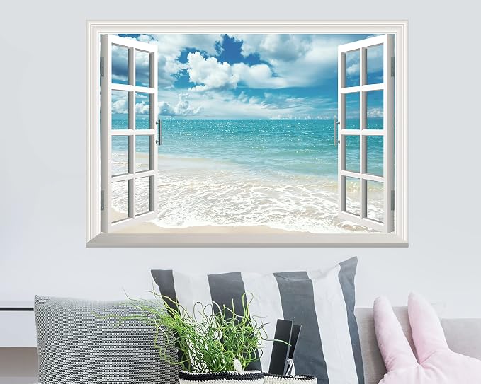 FLFK Fake Window Wall Sticker - Summer Beach Faux Window Wall Mural for Wall Decor, Stick and Peel Wall Decals,16"x24" - Image 4