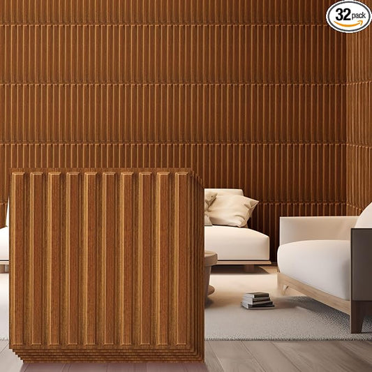 Nuanchu 32 Pcs 3D Wall Panels, 12"x12" PVC Fluted Tiles, Walnut | Waterproof Accent Panels, Paintable Wall Tiles, for TV Background, Bedroom, Bathroom, Gaming Room, Cuttable Home DIY Decor by Nuanchu