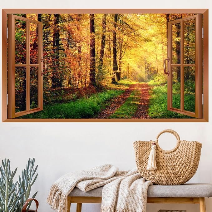 Autumn Forest Wall Stickers 3D Fake Windows Fall Wall Decals Peel and Stick | Removable Nature Trees Landscape Faux Window Stickers, Thanksgiving Day Art Murals, for Bedroom Living Room Office Decoration by kokolap