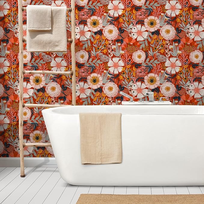 HAOKHOME Red Floral Peel and Stick Wallpaper Bathroom Vintage Contact Paper | Retro Textured Wall Paper Botanical Renter Friendly Removable Orange Flowers Bedroom Accent Decor Wall Mural 17.3in x 9.8ft - Image 3
