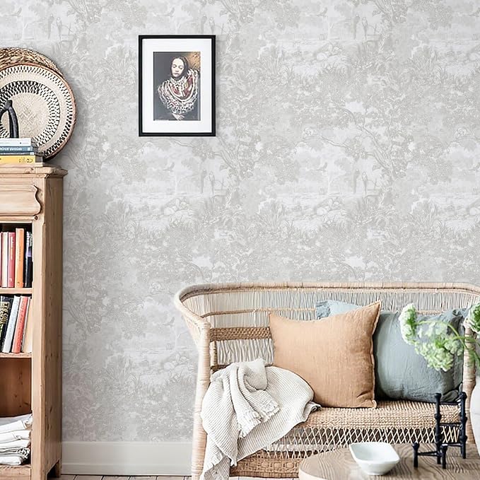 Ismoon Gray Peel and Stick Wallpaper Neutral Wall Paper 17.3in×6.56ft Vintage Removable Self-Adhesive Wallpaper Animals Jungle Contact Paper for Cabinets Bathroom Walls Covering Vinyl Roll - Image 7