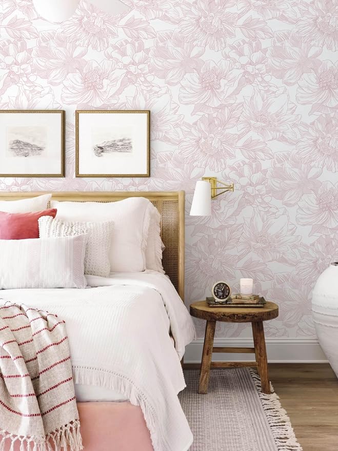 Ismoon Large Floral Peel and Stick Wallpaper Boho White/Pink Contact Paper 17.3inx6.5ft Removable Self Adhesive Bedroom Cabinet Mural Wall Decor Vinyl Roll - Image 8