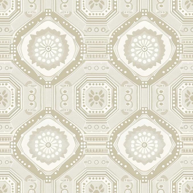 Neutral Vintage Wallpaper Tile Botanical Peel and Stick Wallpaper | Beige geometric floral tile seamless print, Removable waterproof vinyl wall covering, bedroom accent wall decor by Unknown