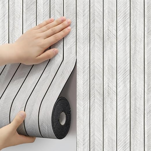 Thick Wood Slat Wall Panels, Modern 3D Peel and Stick, 15.75"x118" Self-Adhesive Accent Wall with Sound Dampening for TV Wall and Ceiling, Bedroom, Home Office, Light Grey, 13 Sq Ft by Unknown