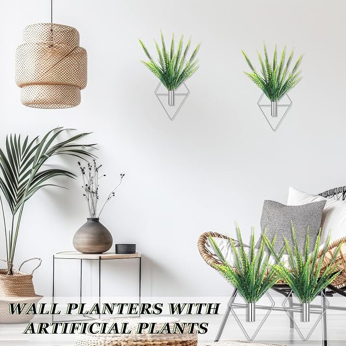 Canlierr 2 Pieces Wall Decor Hanging Planters with Artificial Plants Metal Hanging Vase Indoor Plants Holder Modern Boho Wall Art for Bathroom Bedroom Living Room Decor(Silver,Boston Fern) - Image 5