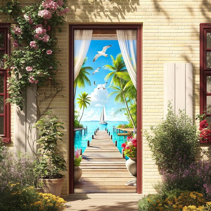 HOMETITUTE Tropical Seaside Sailboat Palm Peel Stick Door 30.3x78.7 PVC | Wall Cover Poster Decals Removable Wallpaper Self Adhesive Livingroom Bedroom Office - Tropical Path by HOMETITUTE