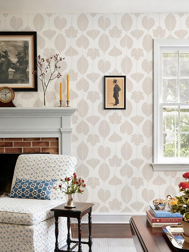 Dimoon Modern Peel and Stick Wallpaper Beige Leaf Contact Paper Botanical Wallpaper Boho Renter Friendly Removable Geometric Wall Paper for Bedroom Kitchen Textured 17.3''x197'' - Image 4