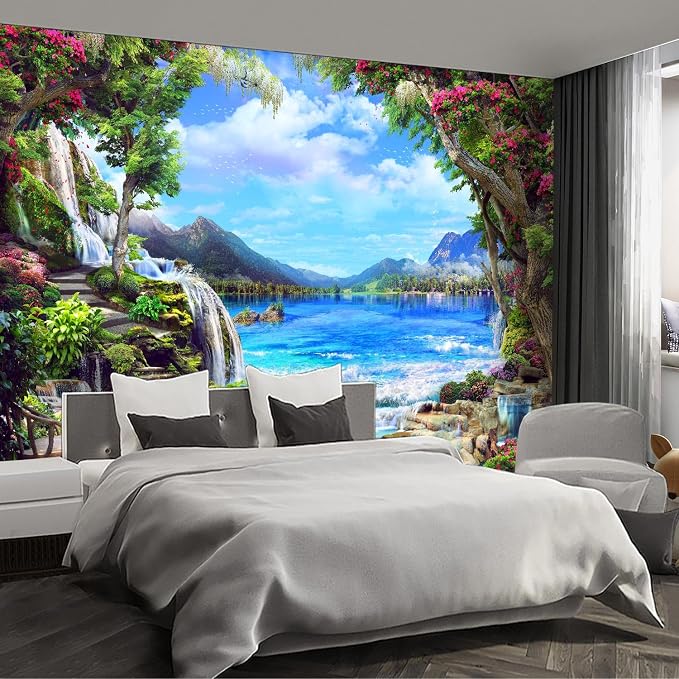 Landscape Lake Waterfall wall murals Peel and Stick self Adhesive Wallpaper for Bedroom Living Room - 85"x118" by Fightal