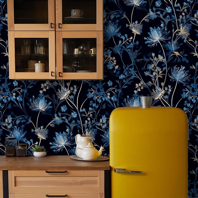 Navy Blue Floral Peel and Stick Wallpaper Dark Botanical Wallpaper | Removable Contact Paper Teal Blue Self-Adhesive Wall Paper for Bedroom Bathroom Kitchen Accent Wall Waterproof 17.7" x 118" - Image 5