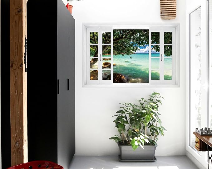 FLFK Fake Window Wall Mural - Tropical Beach Peel and Stick Decal, 48 x 32 inches, Set of 2 Sheets - Image 5