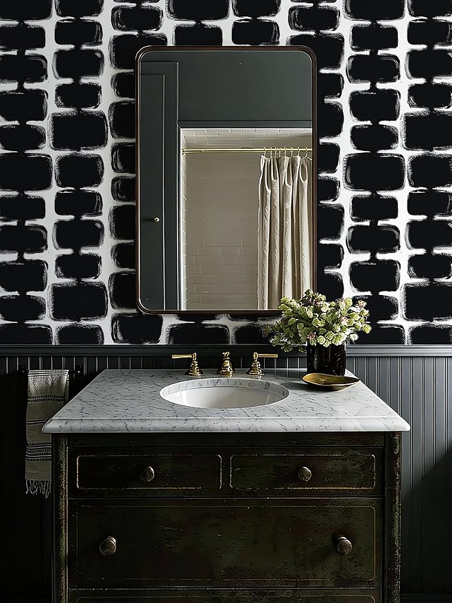 Safiyya Peel and Stick Wallpaper Black and White Contact Paper Mid Century Modern Abstract Geometric Wall Paper Self Adhesive Removable Wallpaper for Bathroom and Bedroom Vinyl 17.3"x78.7" - Image 2