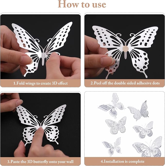 SAOROPEB 3D Butterfly Wall Decor, 48 Pcs 4 Styles 3 Sizes, Removable Metallic Wall Sticker Room Mural Decals for Kids Bedroom Nursery Classroom Party Decoration Wedding Decor DIY Gift (Sliver) | 4 Styles 3 Sizes, Removable Metallic Wall Sticker Mural D... - Image 6