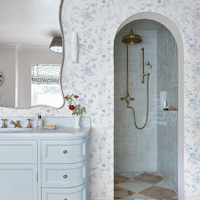 Ismoon Blue Wallpaper Peel and Stick Floral Vintage Stick on Wall Paper French Textured Contact Paper for Cabinet Removable Self Adhesive Wallpaper Vinyl Roll Shelf Deco, 17.3x393in - Image 3