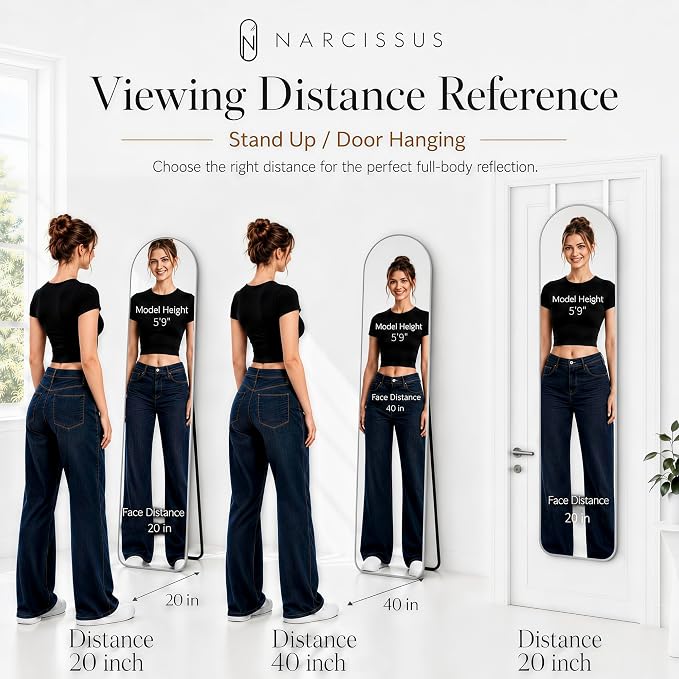 NARCISSUS Full Length Mirror 57x16 Inch, Over The Door Mirror with Stand, Wall Mounted or Freestanding/Door Hanging Full Body, Aluminum Alloy Frame, Silver - Image 6