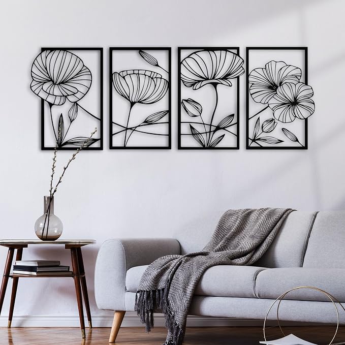 ESTART 4Pcs Metal Lotus Wall Decor Abstract Floral Line Art Sculpture | Minimalist Wall Decor for Bedroom Flowers Hanging Wall Sculpture for Living Room Kitchen Office and Yoga Room (Black) by ESTART