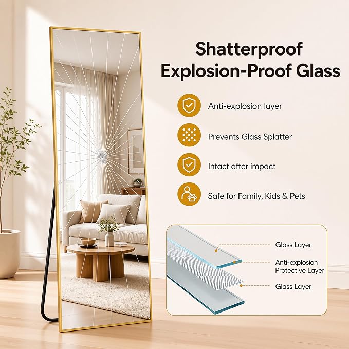 Antok Full Length Mirror, 56"x14" Floor Mirror with Stand, Gold, Rect - Image 4