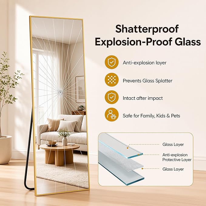Antok Full Length Mirror, 58"x21" Floor Mirror with Stand, Gold, Rect - Image 4