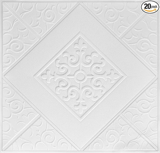 Nuanchu 20 Pcs 13.8 x 13.8 Inch Ceiling Tiles Peel and Stick, Elegant | Foam White 3D Wall Panels 26-105.5 Sq. ft Adhesive Glue up Waterproof Wallpaper for DIY Office Home by Nuanchu