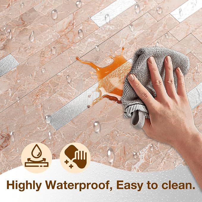 Peel and Stick Backsplash Tile Waterproof Removable PVC Wall Sticker 3D Faux Stone Marble Brick White Accent Panels (Pink Marble - Metal Silver, 20 Tiles - 9 sq. ft. (0.84 M²)) - Image 4