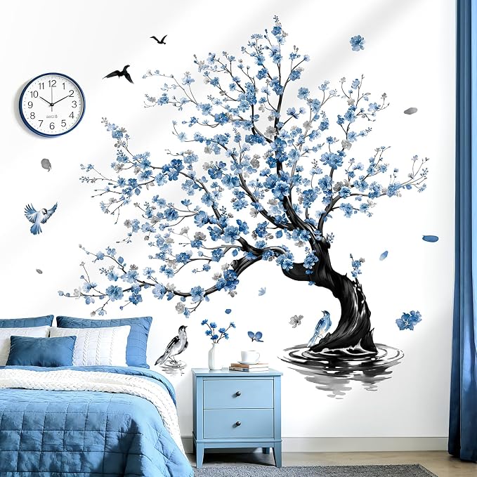 decalmile Blue Flower Tree Cherry Blossom Tree Wall Decals Stickers (XL) by decalmile
