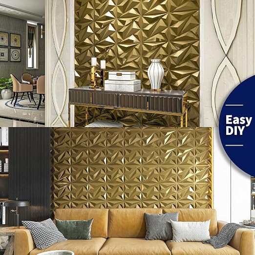 Art3dwallpanels 33 Pack 3D Wall Panel Diamond for Interior Wall Décor, PVC Textured Wall Panels, 12''x12'' Cover 32.Sq.Ft. Golden - Image 4