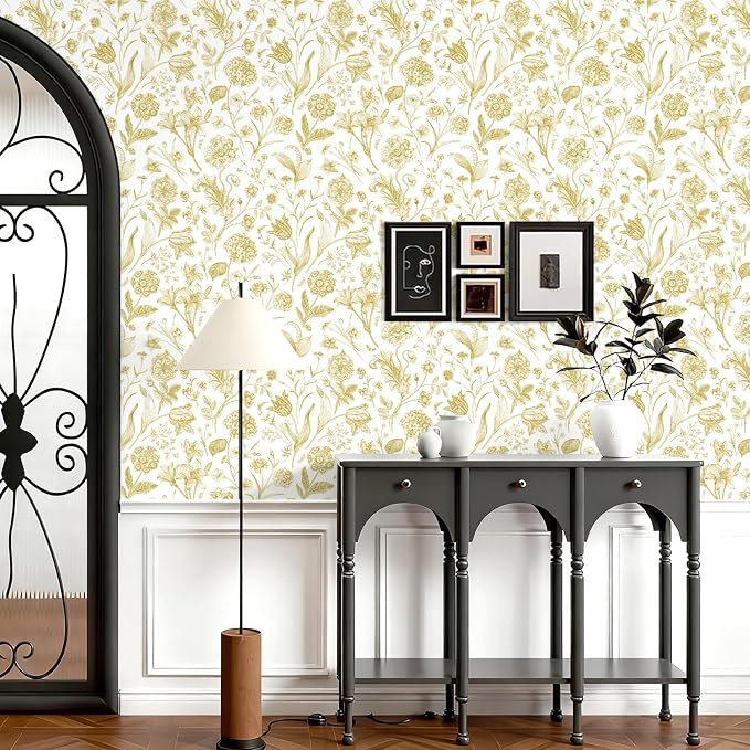 Floral Peel and Stick Wallpaper Gold Contact Paper 17in x 118in | Botanical Wallpaper Vintage Contact Paper Black Flower Removable Wall Paper for Bathroom Bedroom Boho Self Adhesive Vinyl - Image 2