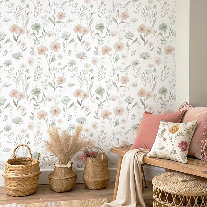 Ismoon Floral Peel and Stick Wallpaper Boho Wallpaper 17.3in x 32.8ft Pink and Green Contact Paper Watercolor Flower Removable Wall Paper for Bedroom Nursery Kitchen Girls Room Vinyl - Image 6