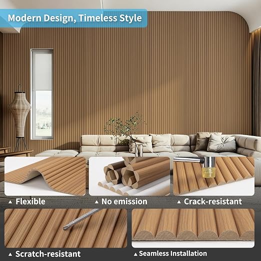 Art3d Roll-Flat Beaded Wood Slat Wall Panel, 2-Pack, 94.5 x 23.6 in, Teak | Flexible, Durable, Crack Resistant, Glue on, Easy to Install, for New Home Buyer, Future Mover to Upgrade Office, Living Room - Image 5
