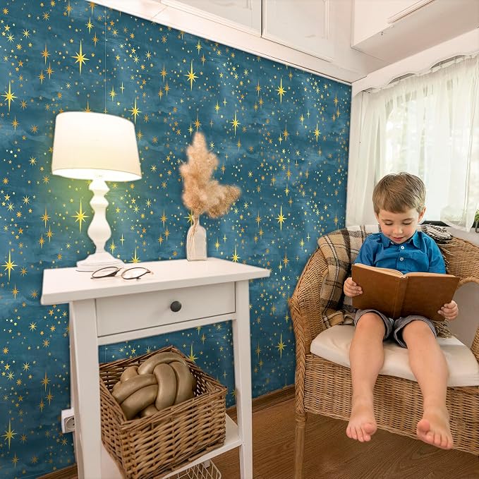 Navy Peel and Stick Wallpaper Gold Star Self Adhesive Contact Paper Sticker | Removable vinyl film, golden star wall stickers, retro starburst ceiling decor, art murals, for cabinets bedroom living room - Image 5