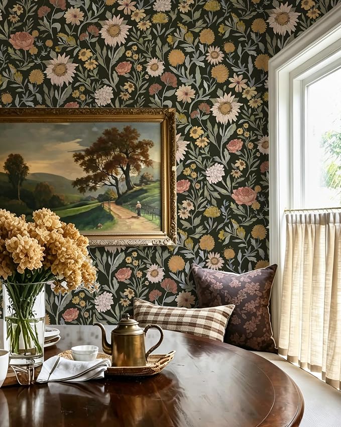 Dimoon Vintage Peel and Stick Wallpaper Boho Dark Floral Contact Paper 17.3''x78.7'' Retro Rustic Pink Removable Wall Paper Renter Friendly Texture Black Wallpaper for Bedroom Bathroom Cabinets Vinyl - Image 3