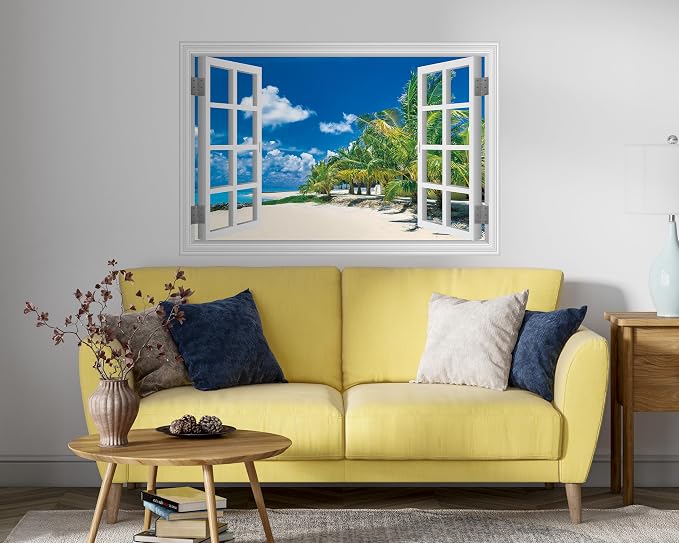 FLFK Fake Window Wall Sticker, White Frame Tropical Beach Scene, Peel and Stick Removable Wall Decal, Paradise Ocean View with Palm Trees, 48 x 32 Inches, Modern Style, Indoor Use - Image 4