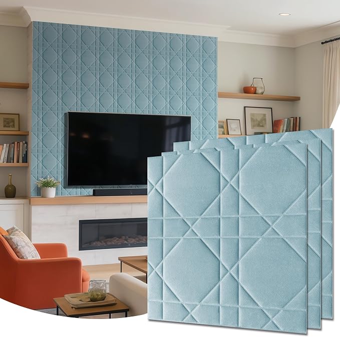 Velvet 3D wall Panels for Interior wall Decor Peel and Stick, Soundproof Geometric Textured 3D Wall Panels for Living Room, Bedroom, TV Background 17.7" x 17.7" 12pcs (Sky Blue) by Unknown