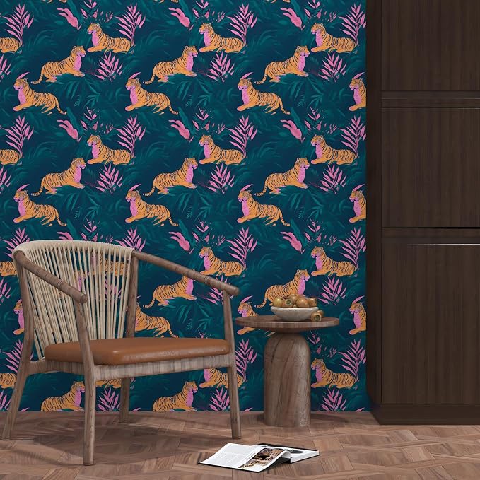 BOKEBEVE Tropical Tiger Wallpaper Peel and Stick Green Pink 17.5 x 118In | Removable Self Adhesive Renter Friendly Jungle Tiger Wall Paper for Bedroom Bathroom Living Room Feature Accent Wall - Image 3