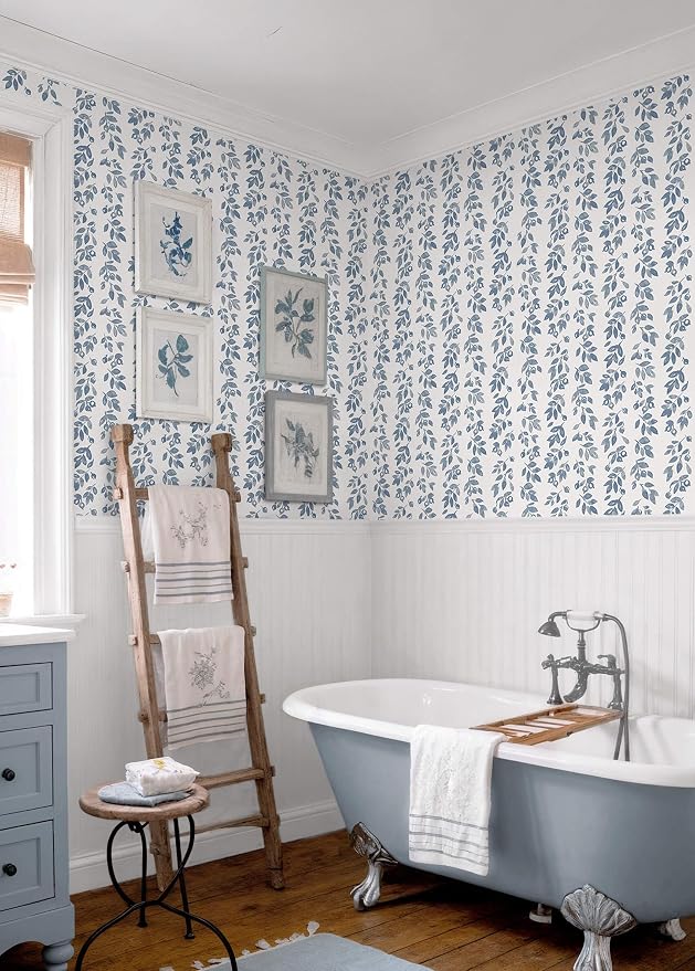 Heroad 17.3''x196'' Blue Wallpaper Vintage Peel and Stick Wallpaper Leaf Contact Paper Cottage Core Wall Paper Self Adhesive Removable Wallpaper for Bathroom Bedroom Kitchen Watercolor Decor Vinyl - Image 4