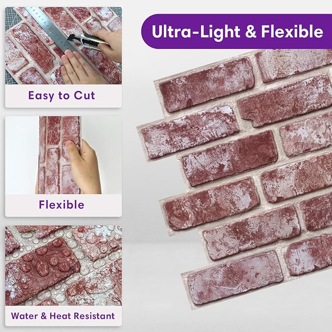 3D Faux Brick Wall Panels Peel and Stick, Designed for Quick DIY | Whitewash Light Red, 10 Pcs 11.8" x 11.8", Small Brick-Look, Ultra-Light Thin PVC Fake Brick Wall Covering, Cover 9.7 sq ft - Image 5
