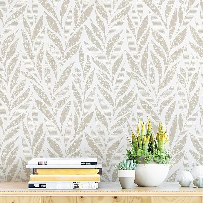 Safiyya 787"x17.3" Boho Peel and Stick Wallpaper Beige and White Wallpaper Leaf Self Adhesive Removable Wall Paper for Bathroom Bedroom Contact Paper for Walls Vinyl Roll by SAFIYYA
