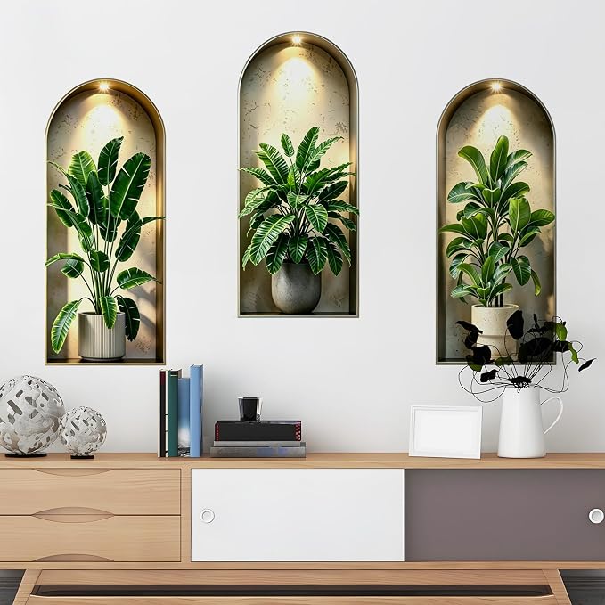 3D Potted Plants Green Leaves Wall Decals - Peel and Stick, 3D Magic Wall Art Mural Sticker - for Living Room, Bedroom, Aisle Entrance, Sofa Backdrop, Yoga Room, and Home Decor - Image 3