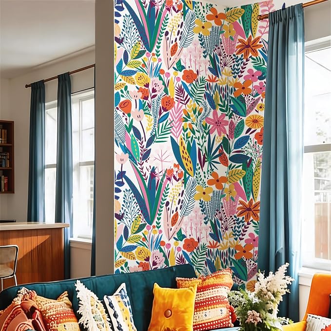 Colorful Floral Peel and Stick Wall Mural for Accent Wall | Urban Funky Wallpaper, Bright Colors, Removable Leather Textured & Water-Resistant, Bedroom Kids Room, 46"x98" - Image 2