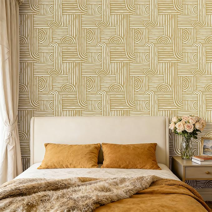 Livelynine Geometric Abstract Peel and Stick Wallpaper White and Gold Mid Century Modern Neutral Mustard Yellow Golden Beige Designs Wallpaper Boho Contact Paper Rolls Minimalist Removable 17.5x78.8 - Image 4