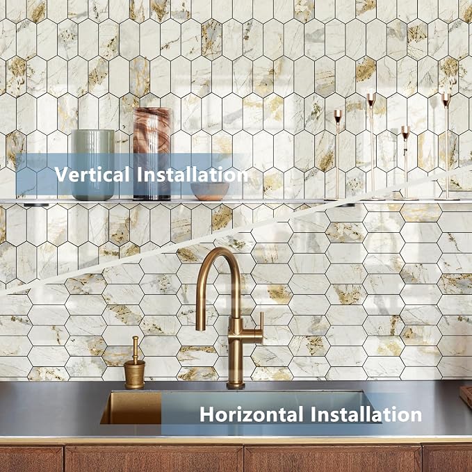 Vamos Tile Long Hexagon Peel and Stick Backsplash Tile - 10 Sheets Stick on Backsplash for Kitchen and Bathroom 12.4 x 12 Inch Glossy Pandora Marble with Gold Veining PVC Self Adhesive Wall Tiles - Image 2