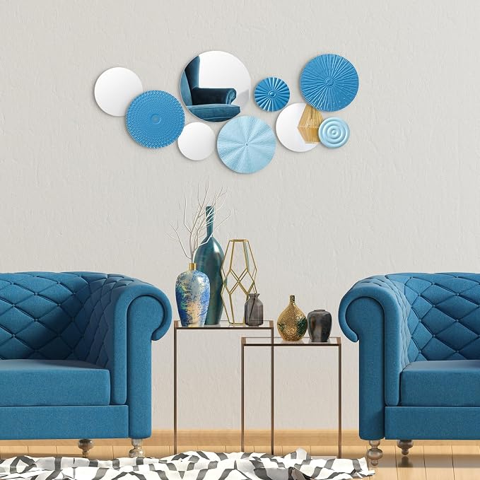 Blulu 9 Pcs Blue Mirror Wall Decor Metal Round Home Art Decor Decorative Modern Circle Mirror Wall Art Sculpture Hanging Decorations for Home Living Room Office - Image 5