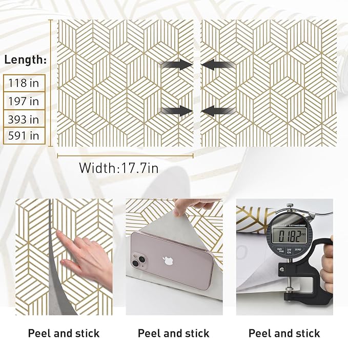 MelunMer Geometric Contact Paper Peel and Stick Wallpaper Gold 17.7”×591” | Self Adhesive, Removable Wallpaper for Bedroom/Bathroom Waterproof, Modern Contact Paper for Cabinets Liner Easy to Install - Image 3