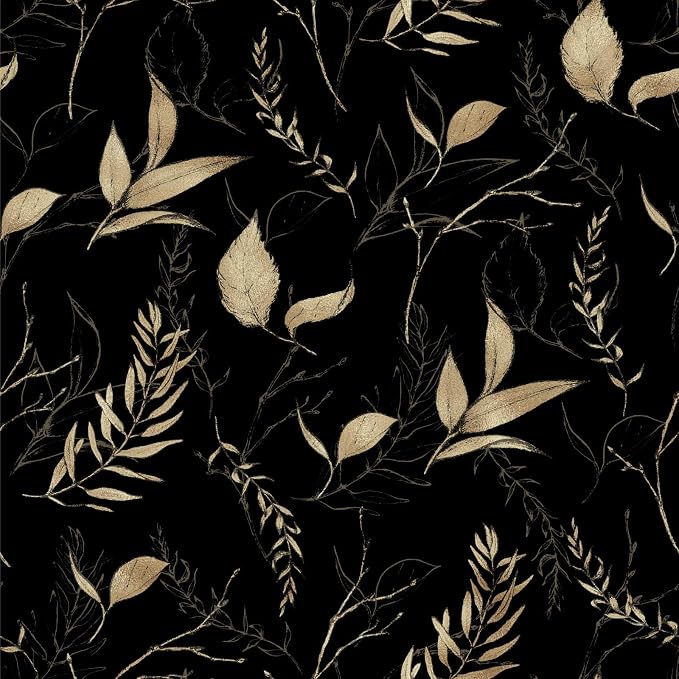 Dark Black and Gold Leaf Peel and Stick Wallpaper 17.7" x 59" | Self-adhesive removable waterproof leaf design for bedroom accent walls and renter friendly spaces by Akodm