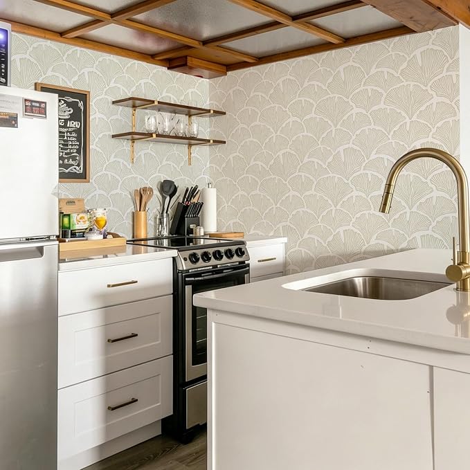 Dimoon Peel and Stick Wallpaper Boho Beige Contact Paper Neutral Cottage Wallpaper Farmhouse Leaf Morden Renter Friendly Removable Wall Paper Botanical for Bathroom Kitchen Bedroom Vinyl 394" x 17.3" - Image 8