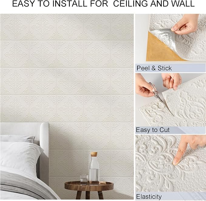 Peel and Stick Ceiling Tiles, Ceiling Tiles Foam 16 Pcs 3D Wall Panels | Covered 21 Sq.Ft, Easy to Install and Cut for Ceil & Interior Wall Decor, Symmetra Bloom Pattern (13.8 x 13.8 inch) - Image 5